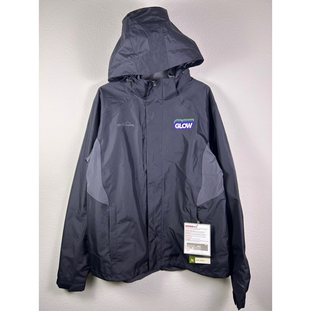 Eddie Bauer WeatherEdge Rain Jacket Mens Medium Black Waterproof Hooded GLOW